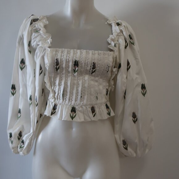 Womens Lug Von Siga Daphne Tulip White Multi Embroidered Floral Crop Top 38 US/6 - Picture 2 of 12